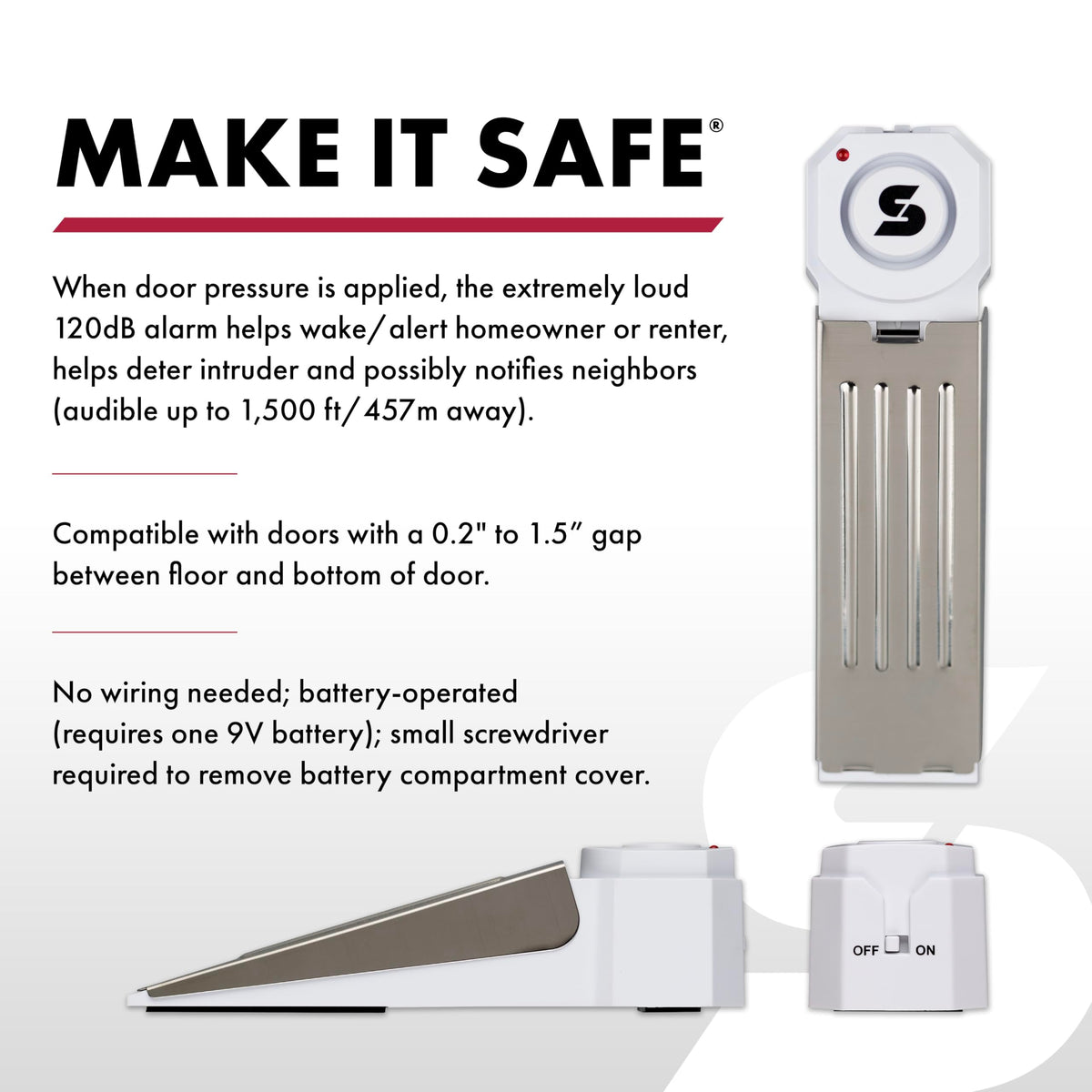 SABRE 120 dB Wedge Door Stop Security Alarm, Extremely Loud Wireless Alarm Siren Audible Up To 1,500 Ft., Non-Skid Pad, Compact Alarm Great for Home, Travel, Apartment or Dorm
