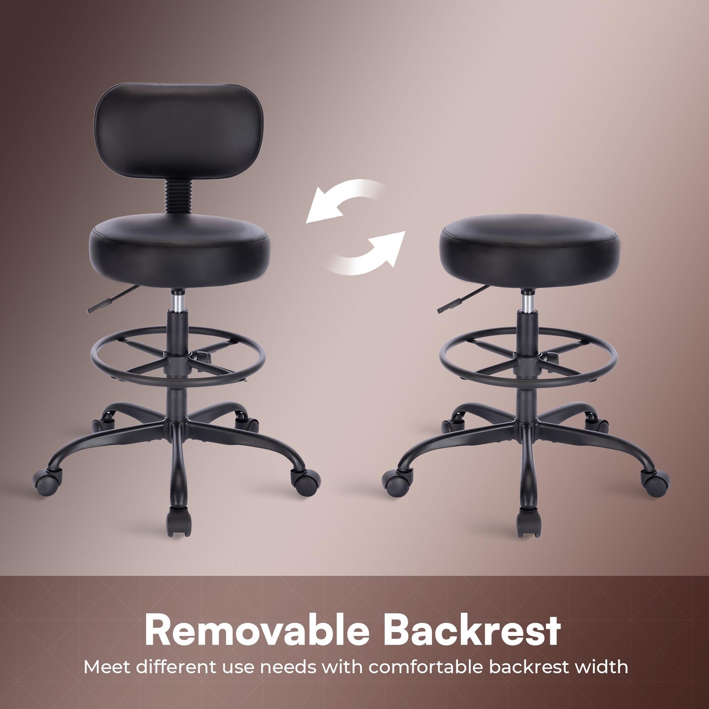 SUPERJARE Drafting Chair with Back, Adjustable Foot Rest Rolling Stool, Multi-Purpose Office Desk Chair, Thick Seat Cushion for Home Bar Kitchen Shop - All Black