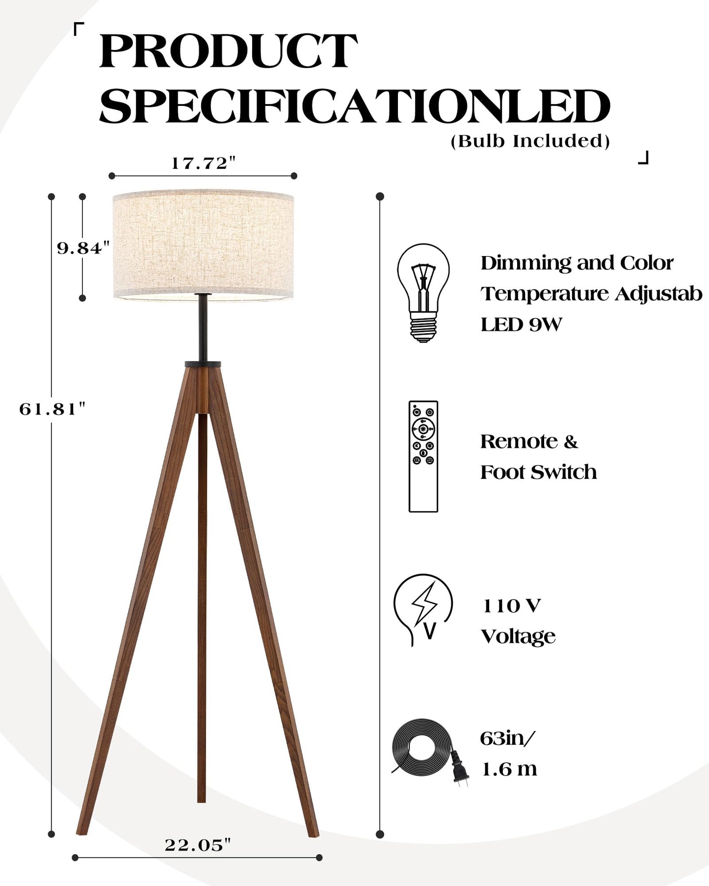 ELYONA Ash Wood Tripod Floor Lamp Stepless Dimmer & Color Temperature, Remote Control Mid Century Modern Coner Standing Lamp Linen Shade for Living Room Bedroom Office, LED Bulb Included, Walnut