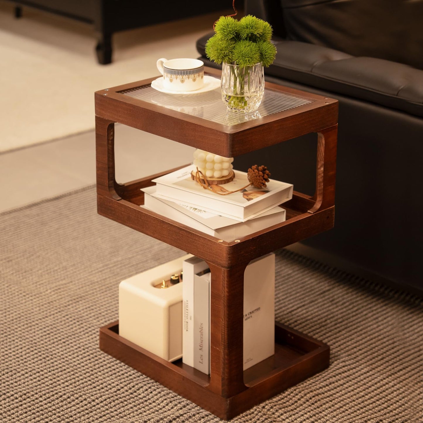 CheerNest Solid Wood End Table, 3-Tier Small Side Table with Fluted Acrylic Top, Rectangular Geometric Retro Accent Table with Open Storage for Small Spaces, Living Room, Bedroom, 100% Pine, Brown