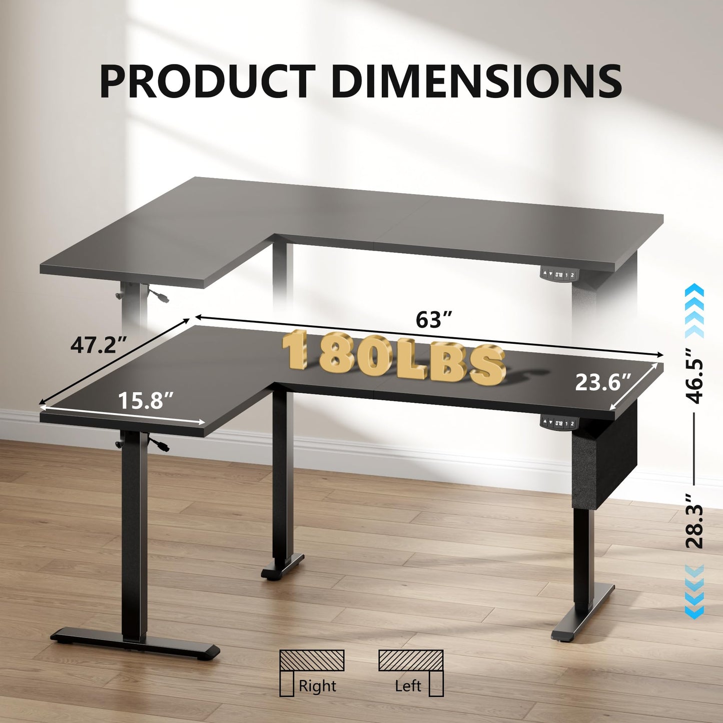 Korfile 63” L Shaped Electric Standing Desk, Height Adjustable Computer Desk with LED Screen & Memory Presets, Ergonomic Sit to Stand Desk with Headphone Hook for Home, Office and Workstation, Black