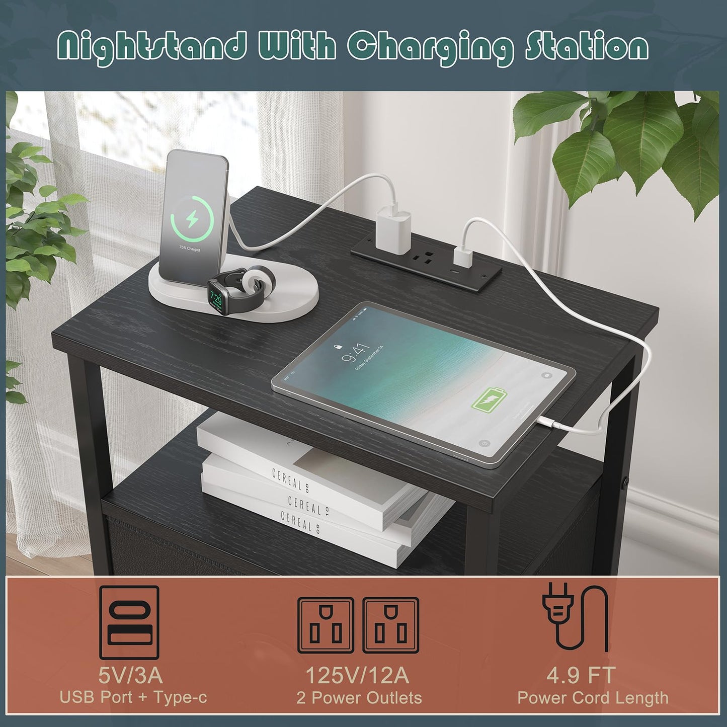 sthmec Nightstand with Charging Station,LED Black Nightstand with 3 Fabric Drawers PU Finish, Bedside End Tables, 2-Tier Open Storage Shelf Side Table Nightstand with Drawers for Bedroom,Black