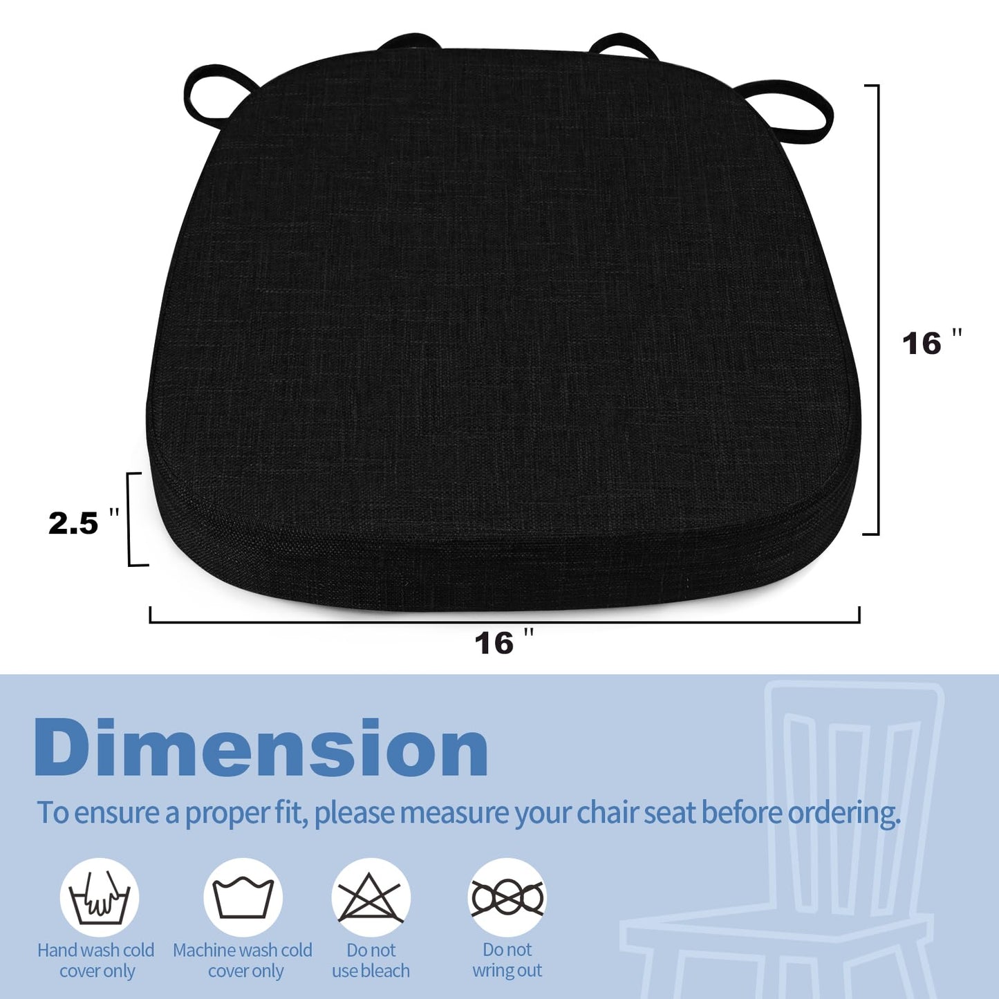 BUYUE Thickened 2.5" Friendly Woven Fabric Dining Chair Cushion, U-Shape High Density Foam Comfortable Chair Pad for Kitchen, Slip Resistant Indoor Seat Cushion (1 Piece, Black)