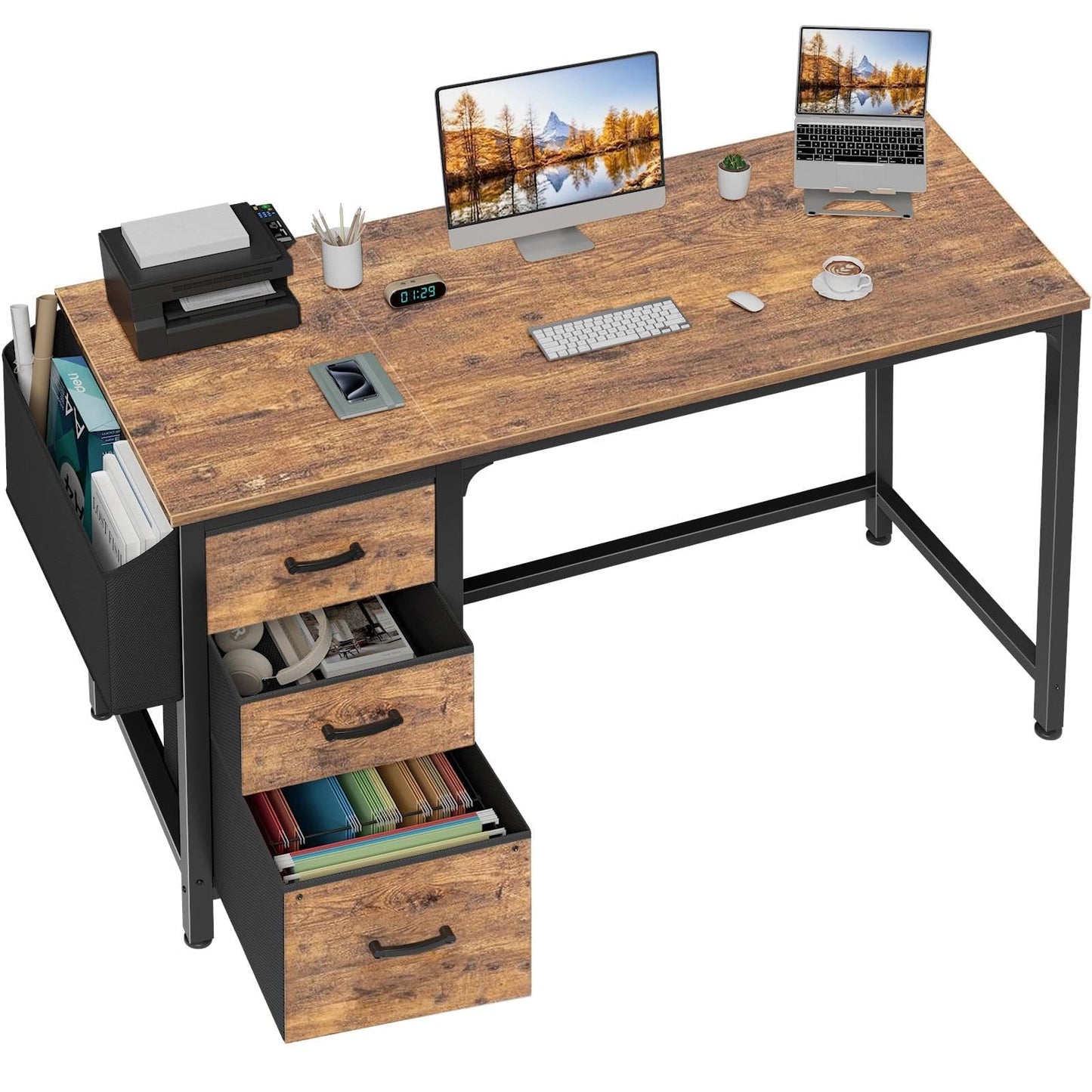 Lufeiya Computer Desk with Fabric File Drawers Cabinet, 55 Inch Reversible Home Office Desks with Filing Cabinet for Small Space, Study Writing Table PC Desks with Storage for Bedroom, Rustic Brown