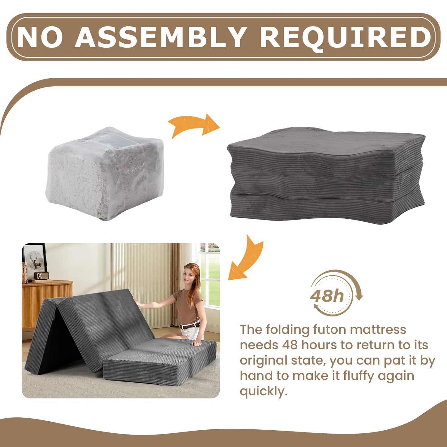 feliz home 6-Inch Tri-Folding Mattress Full Size - Foldable Futon Sofa Bed with Removable Washable Cover, Folding Futon Mattress | Non-Slip Bottom & Carry Handles for Guest, Camping, Dorm