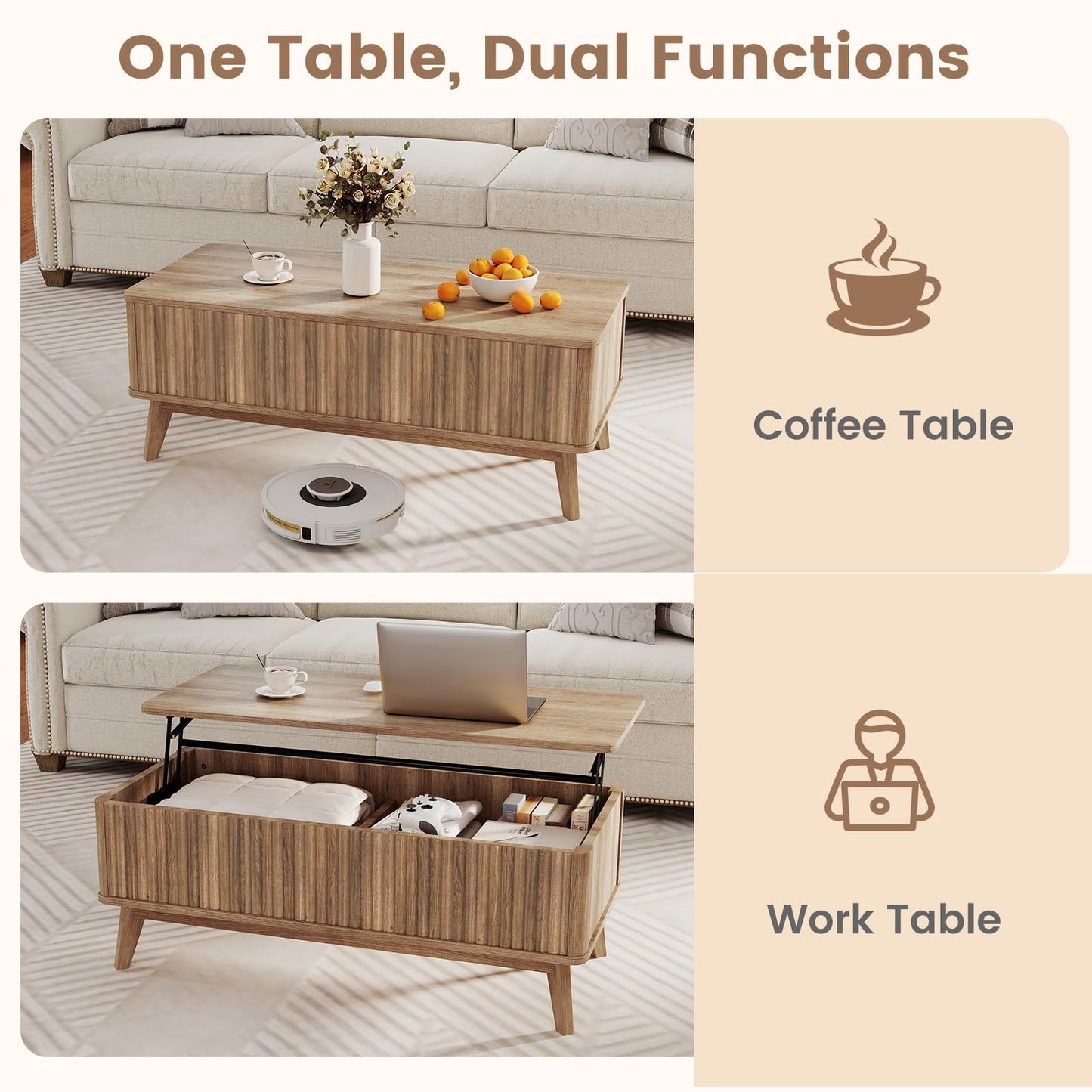 Giantex Lift Top Coffee Table with Storage, 43.5" Mid Century Modern Center Table with Solid Wood Leg & Hidden Compartment, Minimalist Fluted Living Room Table for Home Office, Oak
