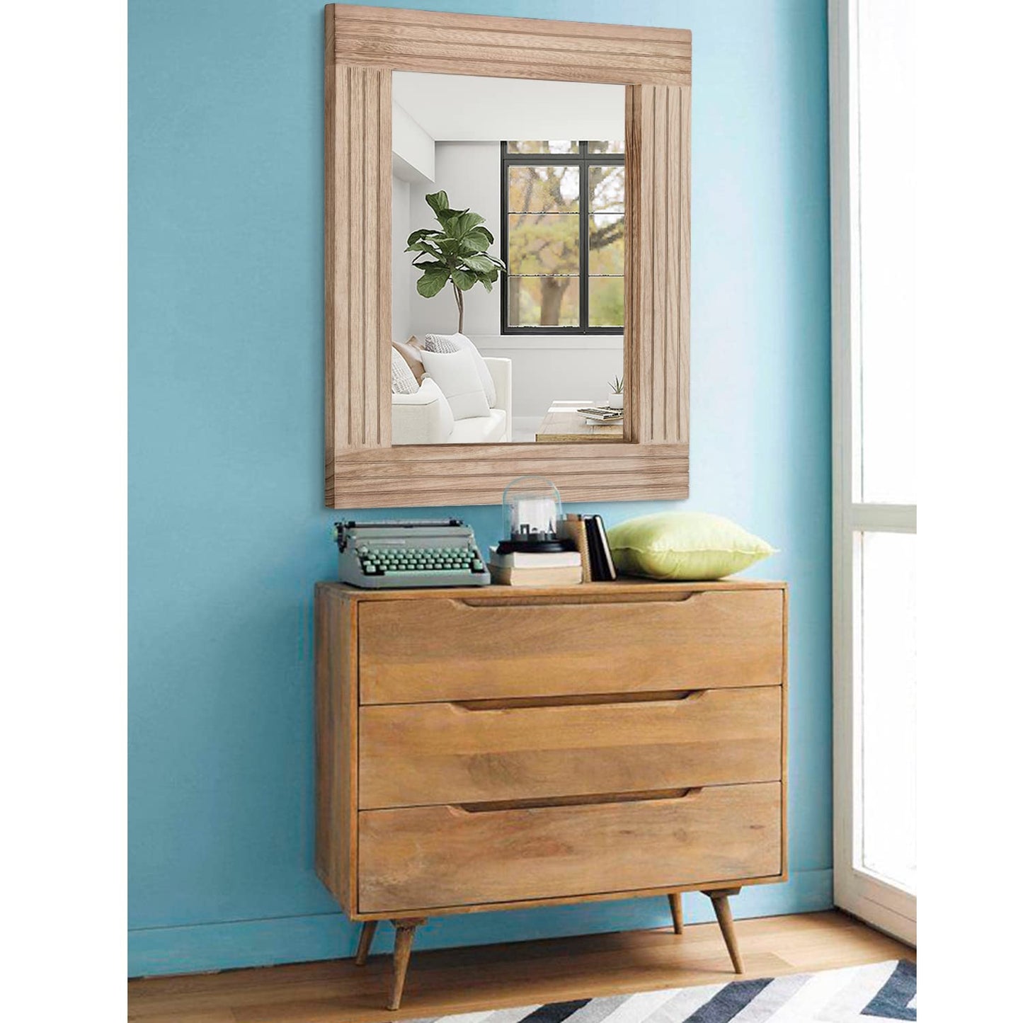 HLFMVWE Rectangle Mirror Retro Wooden Wall-Mounted Mirrors Farmhouse Bedroom Bathroom Vanity Entrance Decorative Antique Hanging Mirror Large 26"x18"