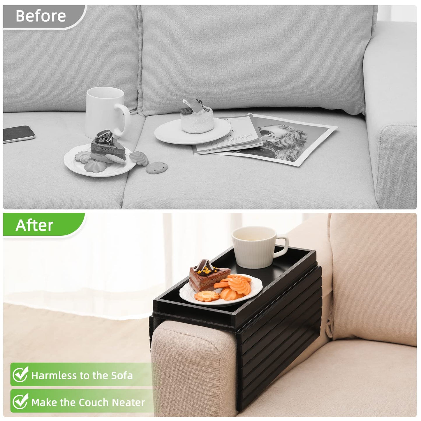 GEHE Bamboo Sofa Arm Tray, Foldable Couch Arm Tray Side Table, Anti-Falling Armrest Tables Cup Holder for Snacks, Drinks, Beers, Phone, Control, Flexible and Portable, Anti-Slip Bottom
