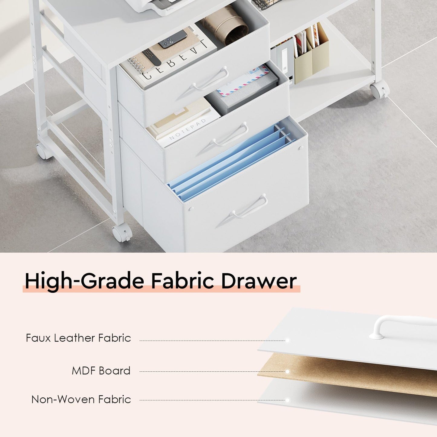 Maihail 3 Drawer File Cabinet with Wheels Rolling Printer Stand with Open Storage Shelf Fabric Lateral Filing Cabinet for Home Office,White