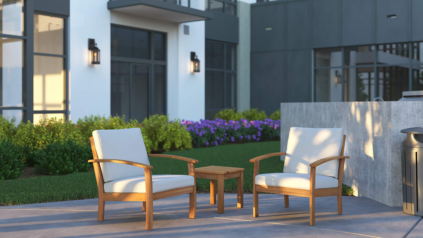 Patio Sense Lio Wooden Lounge Chair, Accent Armchair with Cushions, Natural Wood Finish, Off White Cushions, Solid Durable Acacia Wood