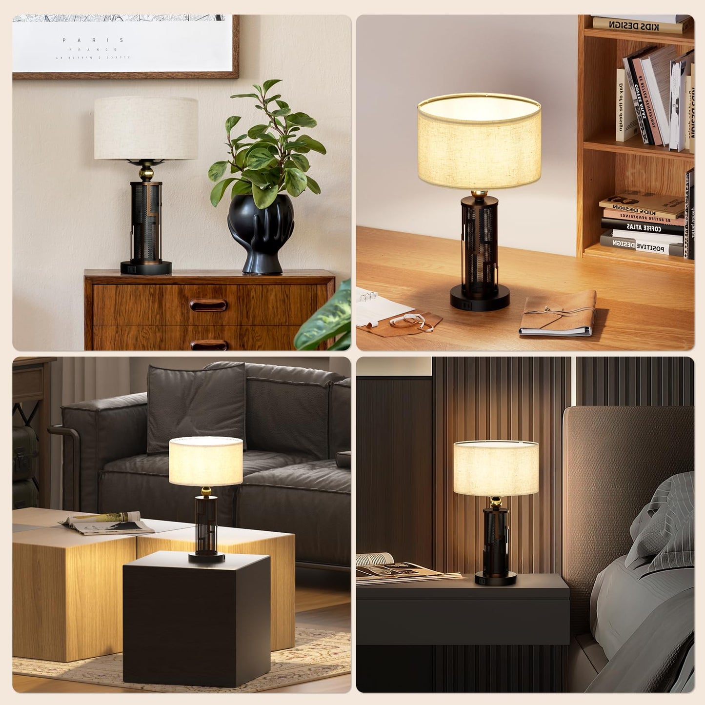 HYMELA V07-2 21.65" Farmhouse Table Lamp, Rustic Bedside Nightstand Light with USB A+C Charging Ports for Nightstand Bedroom Study Living Room, 3-Way Dimmable Desk Lamp