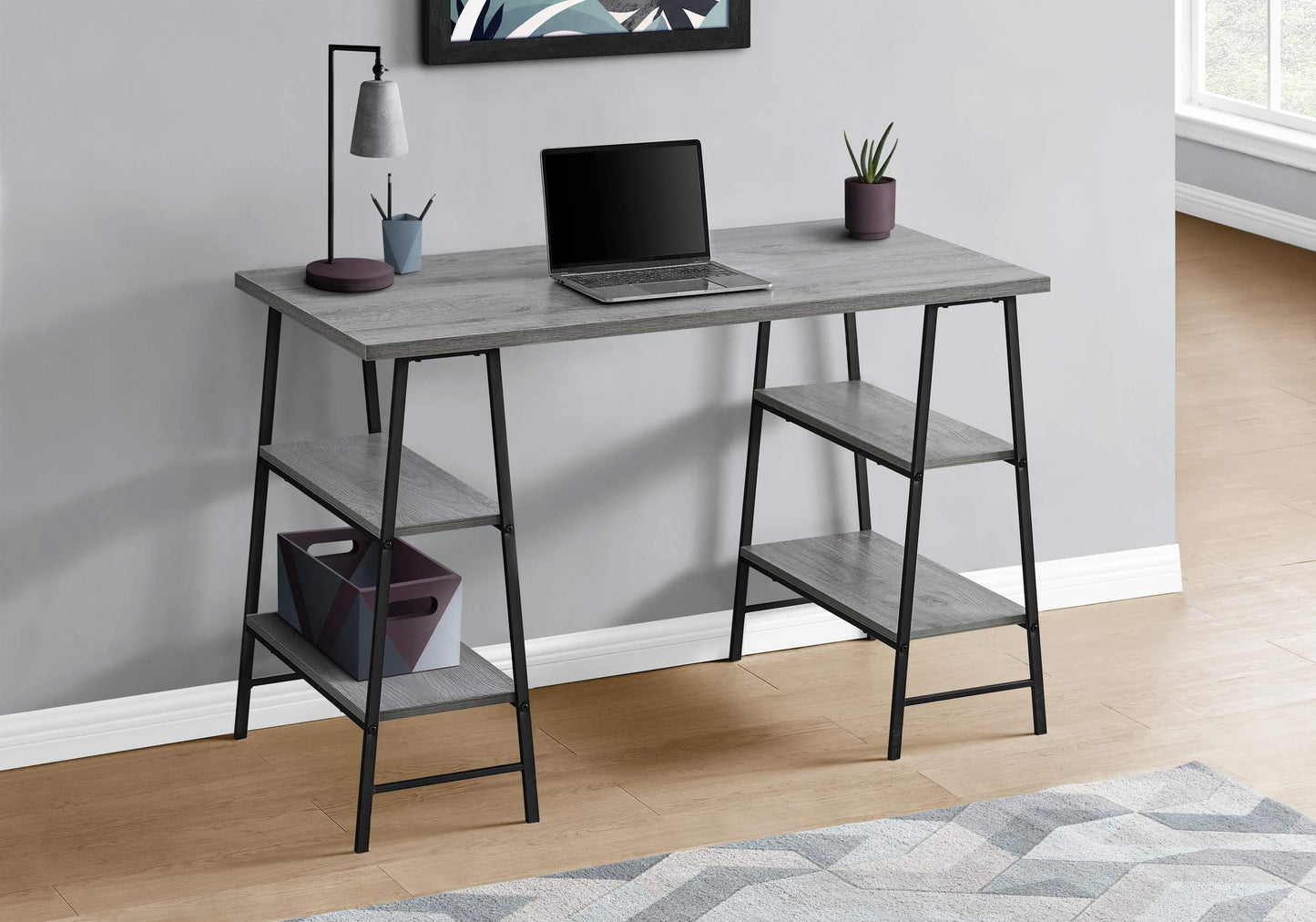 Monarch Specialties I 7524 Computer Desk, Home Office, Laptop, Storage Shelves, 48" L, Work, Metal, Laminate, Grey, Black, Contemporary, Modern