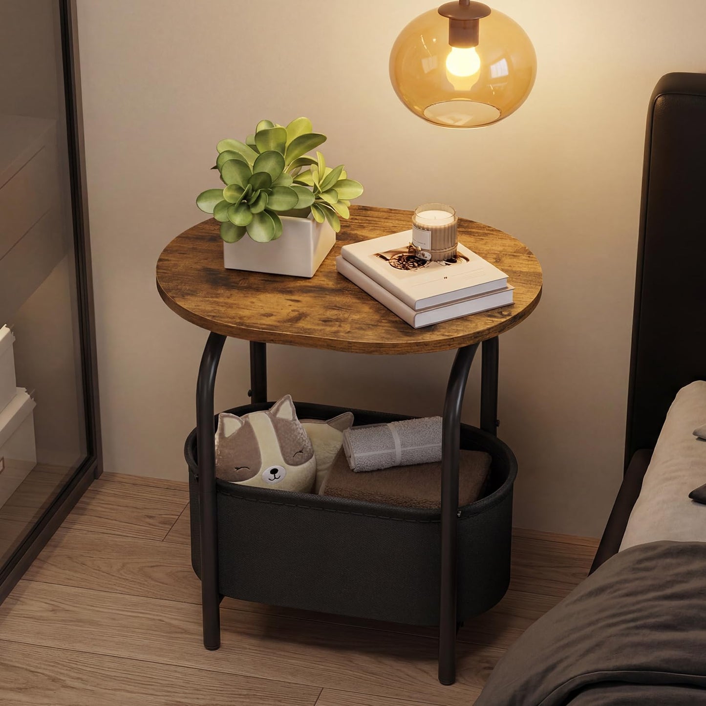RALGEND Small Round Side Table with Fabric Basket Storage, Oval End Table for Small Spaces, Modern Coffee Bedside Table, Couch Side Table for Living Room, 15.7" X 11.8" X 24", Rustic Brown 8601BZBF