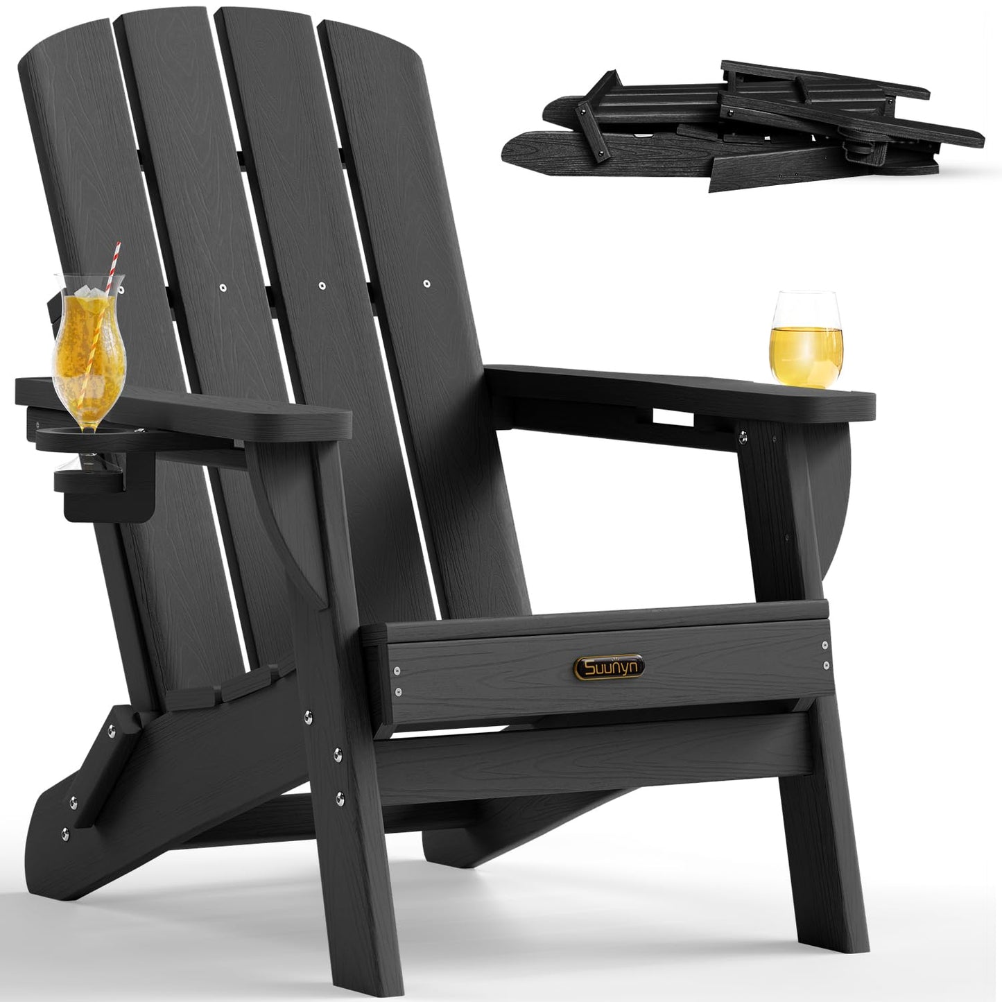 SUUNYN Folding Adirondack Chair, HDPE Adirondack Chairs with 2 Cup Holder, Plastic All-Weather Fire Pit Chairs, Outdoor Lawn Chair for Patio Garden (Black)