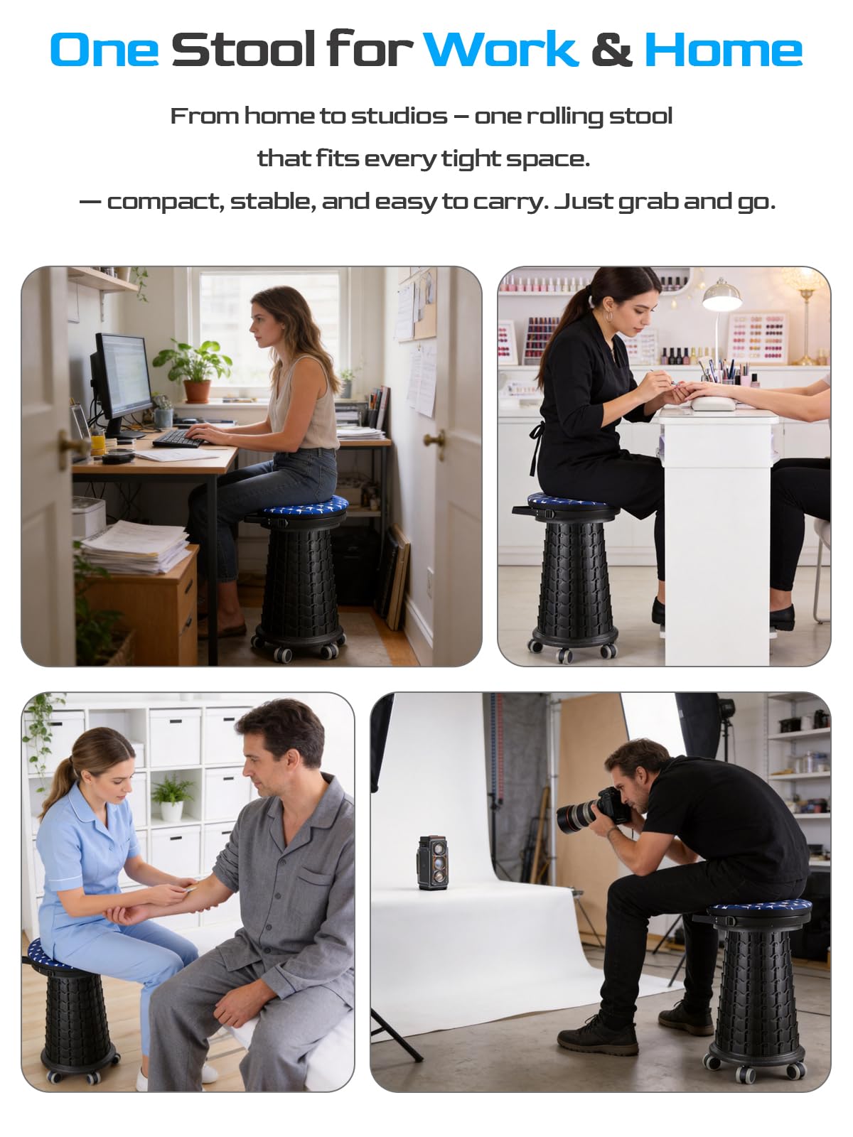 2026 Upgraded 3XL Rolling Collapsible Stool with Wheels | 1000lbs Capacity, 24-in Taller & 13-in Wider Retractable Stool for Adults, Thick Swivel Cushion & 5 Silent Casters, for Home, Garage, Kitchen
