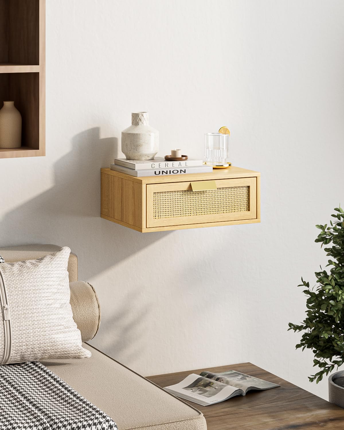 Aienvey Floating Nightstand, Floating Shelf with Drawer, Wall Mounted Nightstand, Floating Bedside Table (Oak Rattan)