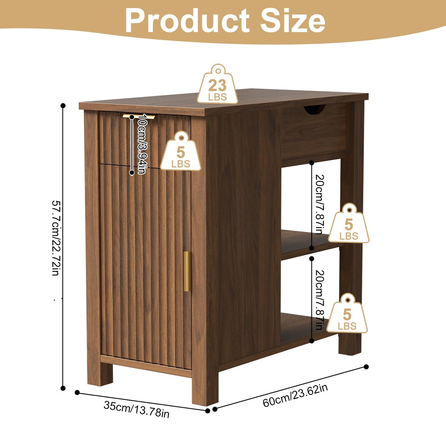 HSSZXFR End Table with Charging Station 24'' Nightstand with Charging Station Vintage Side Table with Storage Wooden Sofa Side Table and Outlets Bedside Table for Living Room Office Bedroom (Brown)