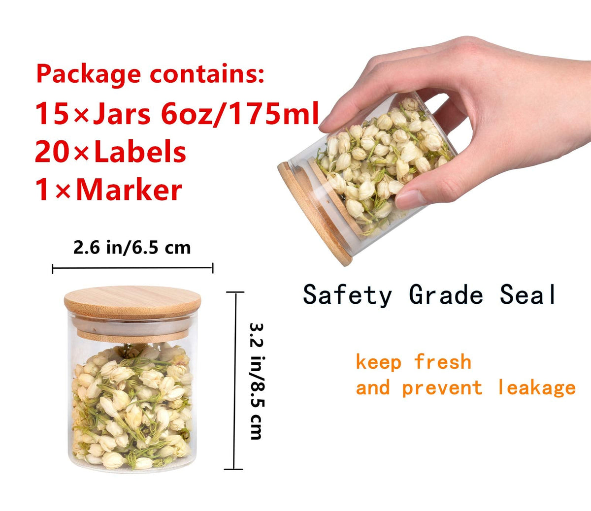 15Pcs 6oz Glass Spice Jars, Airtight Bamboo Lid Containers with Labels