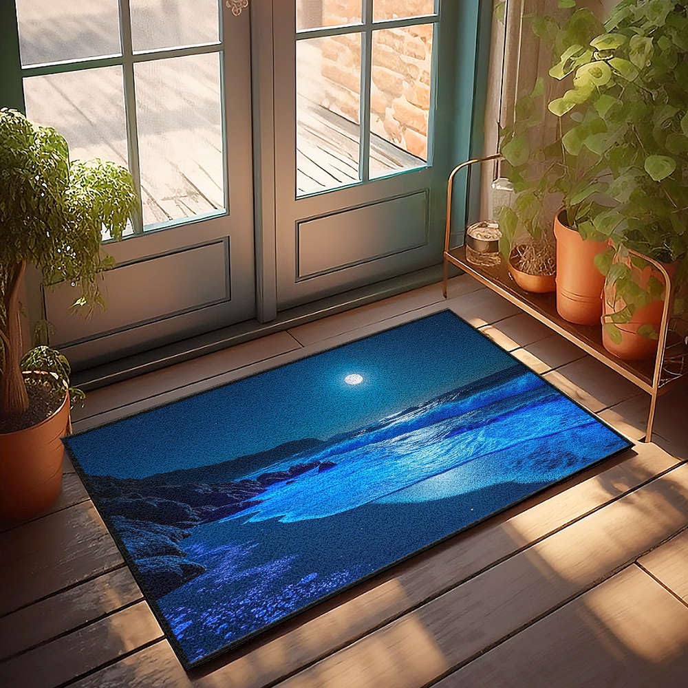 Home Sweet Apartment Carpet Absorbent Water Resistant | Moonlit Beach with Glowing Blue Waves. Hand Woven Non Slip for Bed Home(40X60CM)