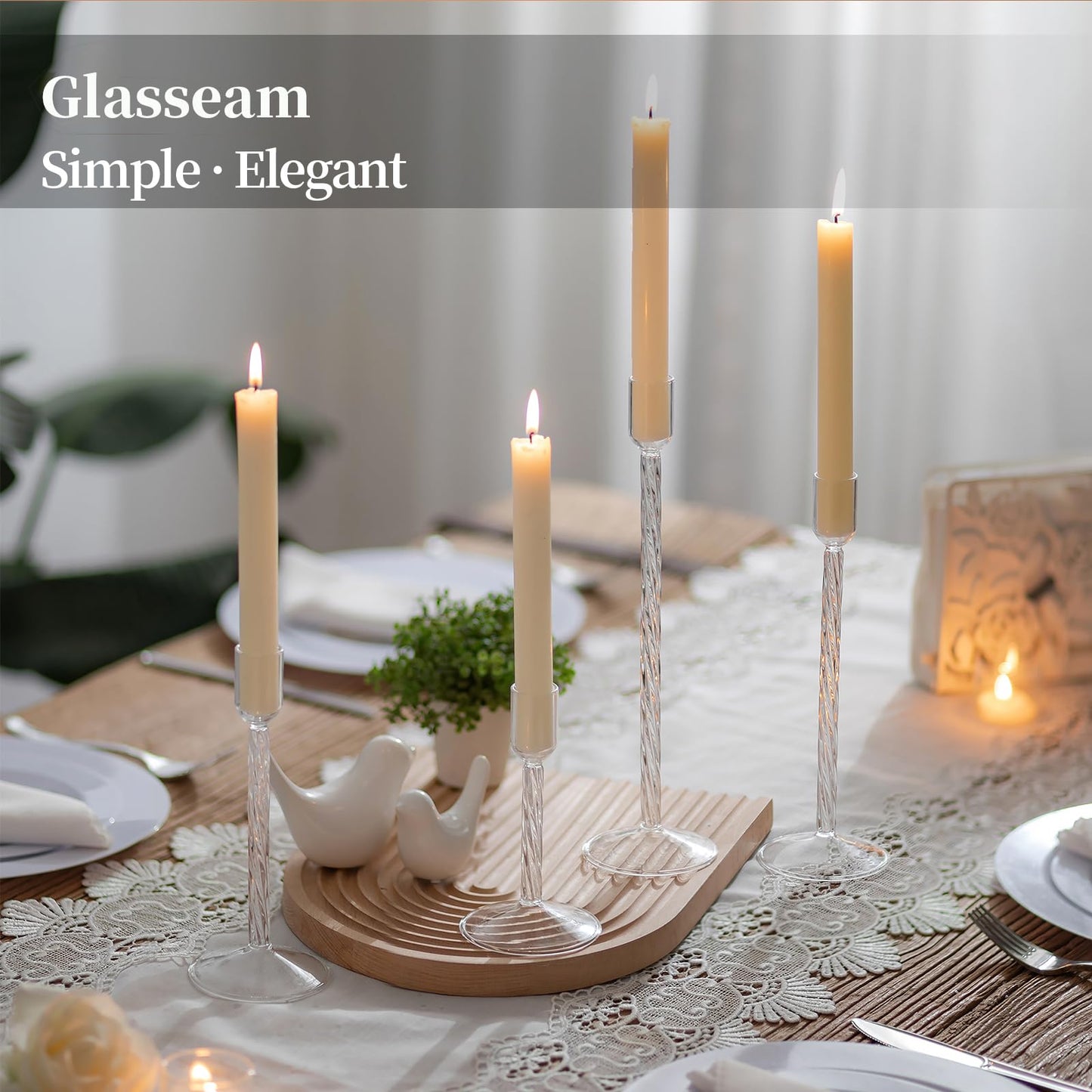 Glasseam Glass Candlestick Holders Clear: Taper Candle Holders Set of 4 Tall Candle Stick Candle Holder for Tapered Candles Decorative Candle Holders for Table Centerpiece Wedding Christmas Home Decor
