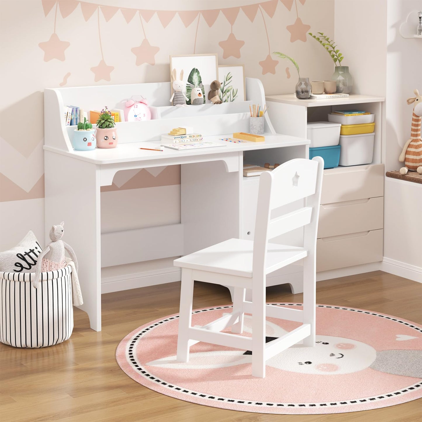 Garvee Kids Study Desk with Chair,Wooden Children Study Table with Hutch and Storage Cabinet for Boys Girls 3-12 Year Old, Student Writing Desk Computer Workstation for Kids Bedroom