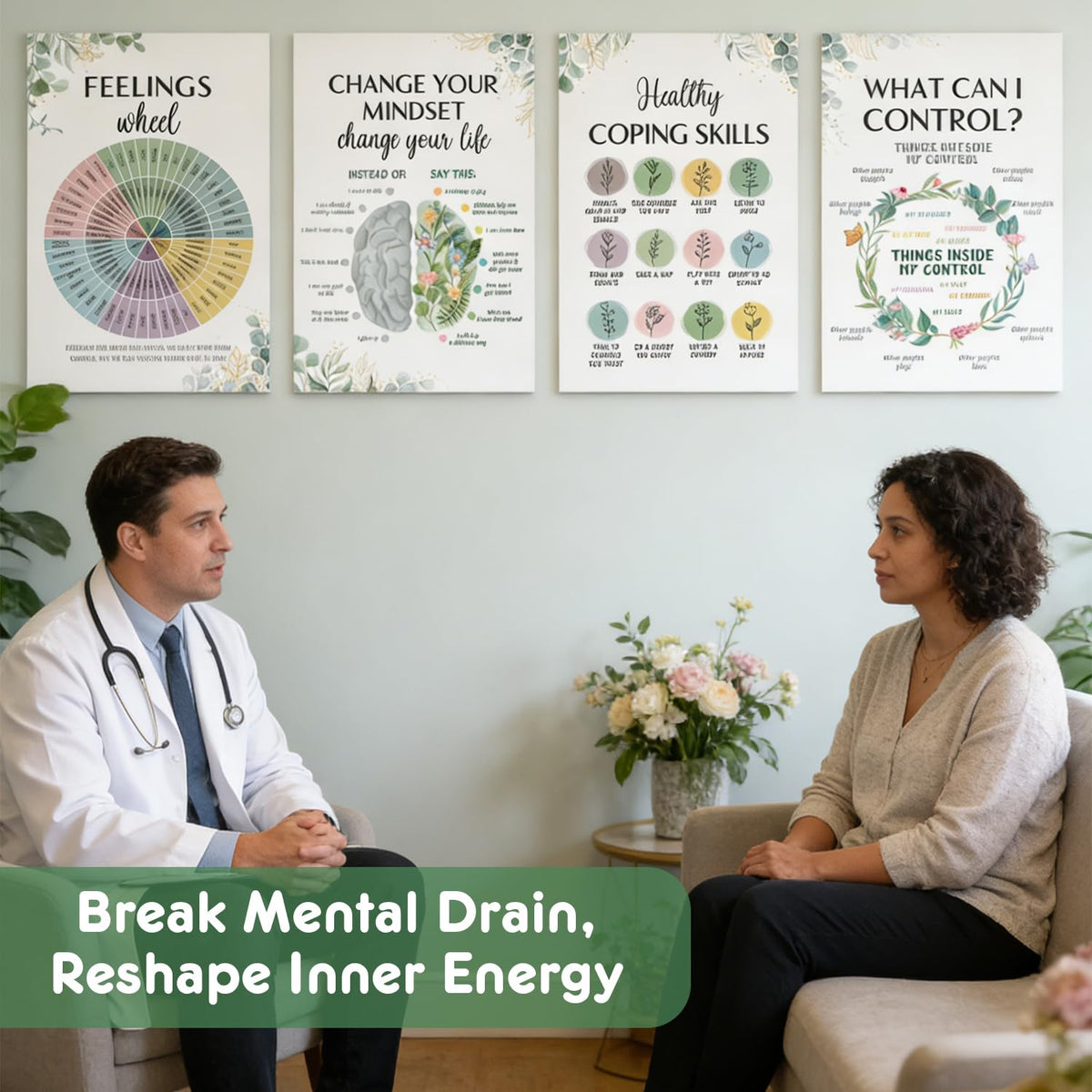 SEOIFUNG 12 Pcs Mental Health Growth Mindset Change Posters Set (11x17") - Safe Space Feelings Wheel Coping Skill Poster for Therapy Counseling Office School Home Wall Decor Counselor Therapist Gifts