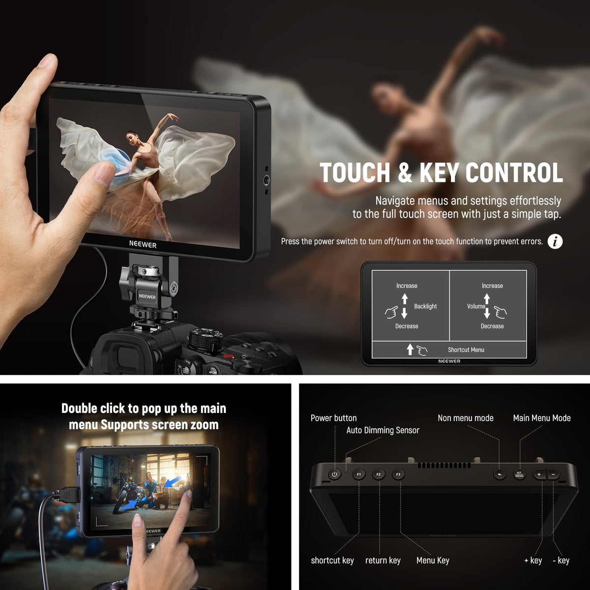 NEEWER F700 7" Camera Field Monitor, 2000nit HD 1920x1080 IPS Touch Screen with 3D LUT, 4K HDMI Loop in/Out with Peak Focus DSLR Video Assist HDR Waveform, Cold Shoe Mount, Battery Not Included