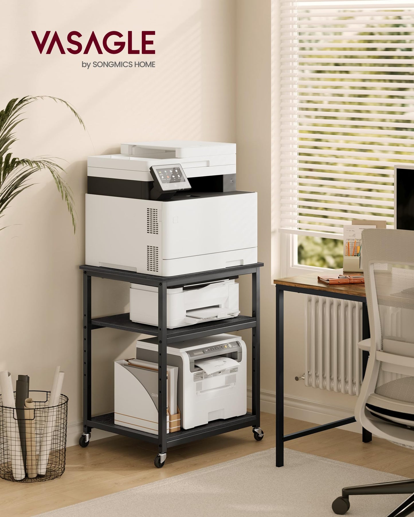 VASAGLE Printer Stand with Locking Wheels, Industrial Mobile Cart, Under Desk Printer Table for Home Office, 23.6 x 19.7 x 29.6 Inches, Storage Shelf, 3-Tier, Ebony Black