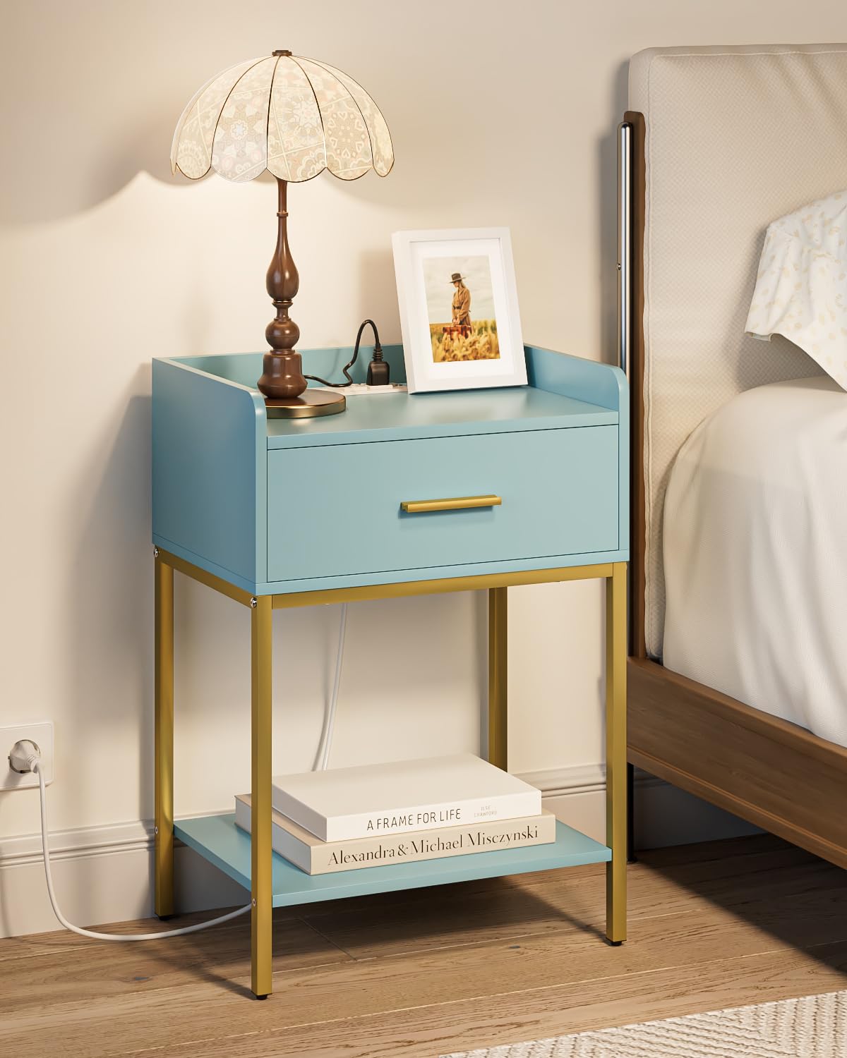 Apetaccat Nightstand with Charging Station,3-Tier Modern Bedside Table Night Stand with Storage Drawer and Open Shelf,Small End Side Table for Bedroom,Living Room,Blue