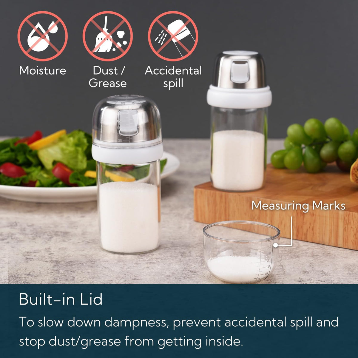 KITCHENDAO Large Acacia Salt Cellar Box and 2 in 1 Glass Salt Shaker with Side Pour Spout