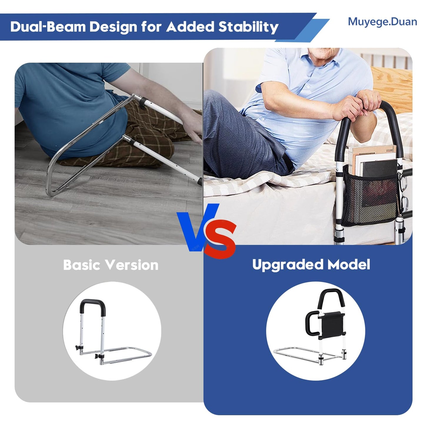 Muyege.Duan Bed Rail for Elderly Adults – Adjustable Bed Assist Handle with Non-Slip Foam Grip, Storage Pocket & Safety Strap Tool-Free Installation Bedside Rail for Seniors, Injured or Pregnant Users