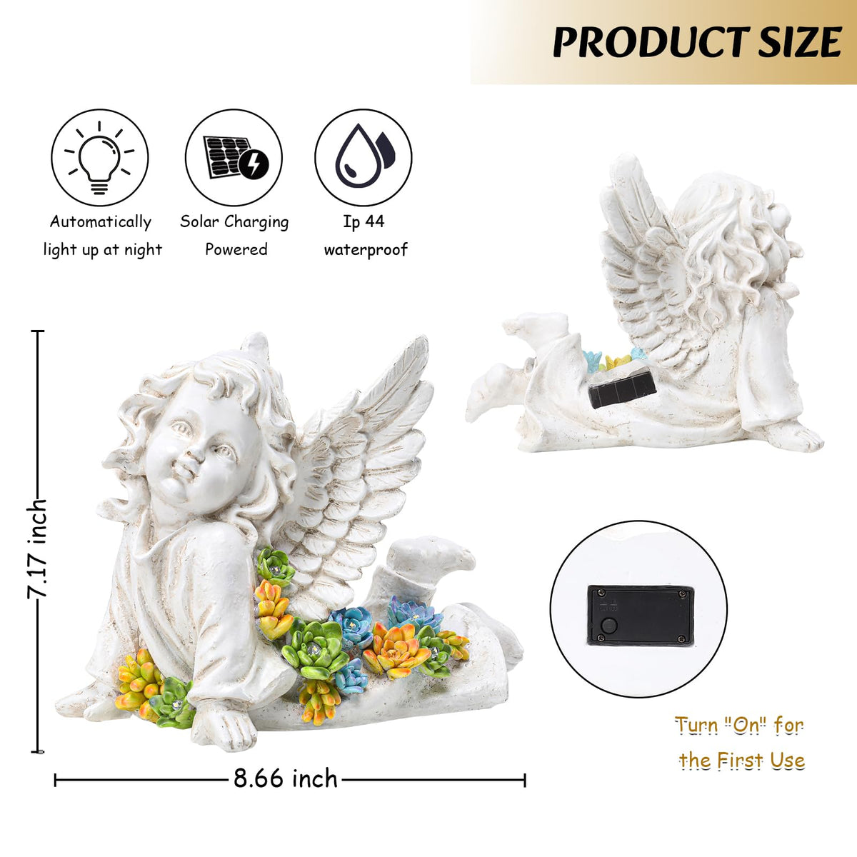 Solar Cherub Angel Outdoor Garden Decor Statues - 7 inches Baby Angel Figurines Outdoor Sculptures with Succulent, Garden Statues for Outside, Patio, Balcony, Lawn Ornaments or Housewarming Gift