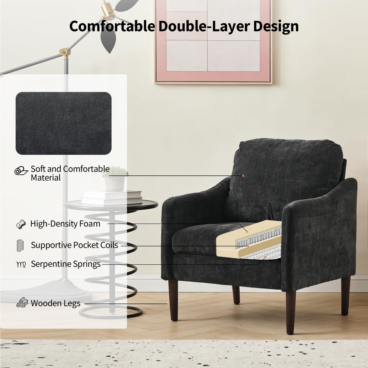 Mid-Century Modern Side Chair, Chenille Fabric Curved Armchair for Adults, Comfy Reading Chair, Modern Cloud Single Sofa Accent Chair for Bedroom, Living Room, Office & Waiting Room,Black
