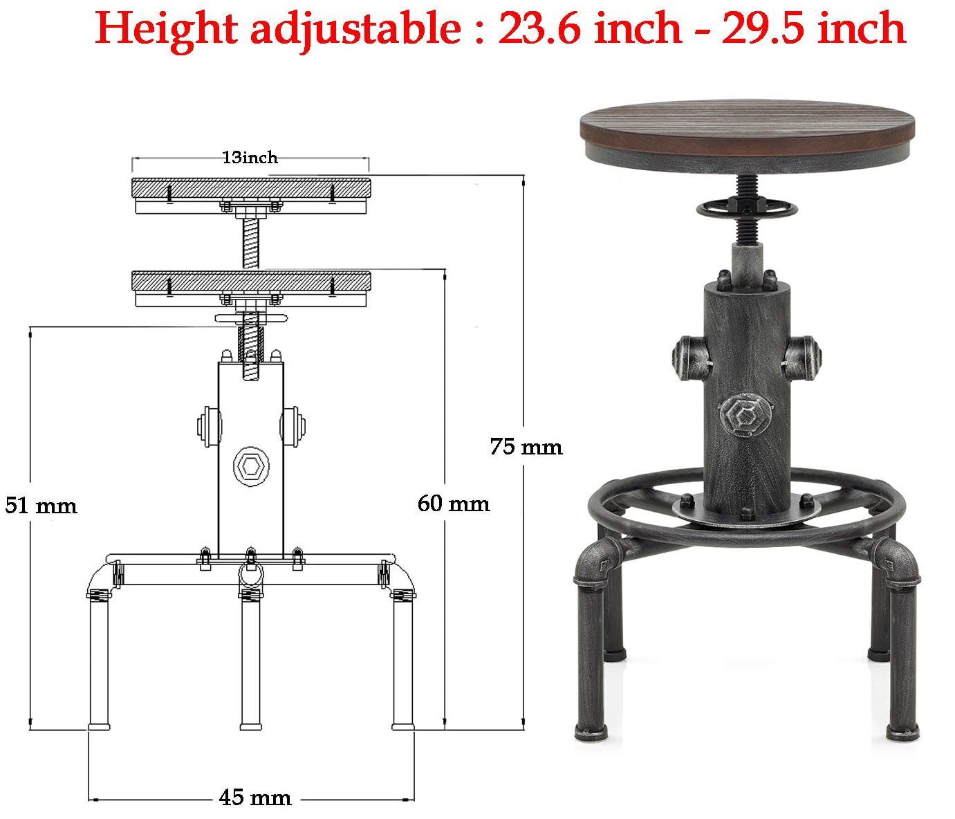 Topower Antique Vintage Industrial Barstool Solid Wood Water Pipe Fire Hydrant Design Cafe Coffee Industrial Bar Stool Set of 2 Silver