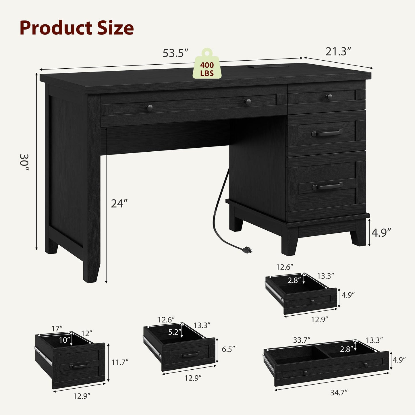 GAOMON 54.5in Wooden Executive Desk with Drawers, Office Desk Computer Table with Charging Station, Farmhouse Home Office Desk with File Cabinet Storage, for Study and Home Office, White Walunt