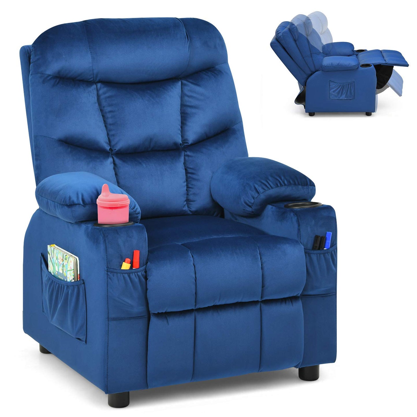 Costzon Kids Recliner Chair with Cup Holder, Adjustable Velvet Lounge Chair w/Footrest & Side Pockets for Children Boys Girls Room, Ergonomic Toddler Furniture Sofa Gifts, Kids Recliner (Blue)