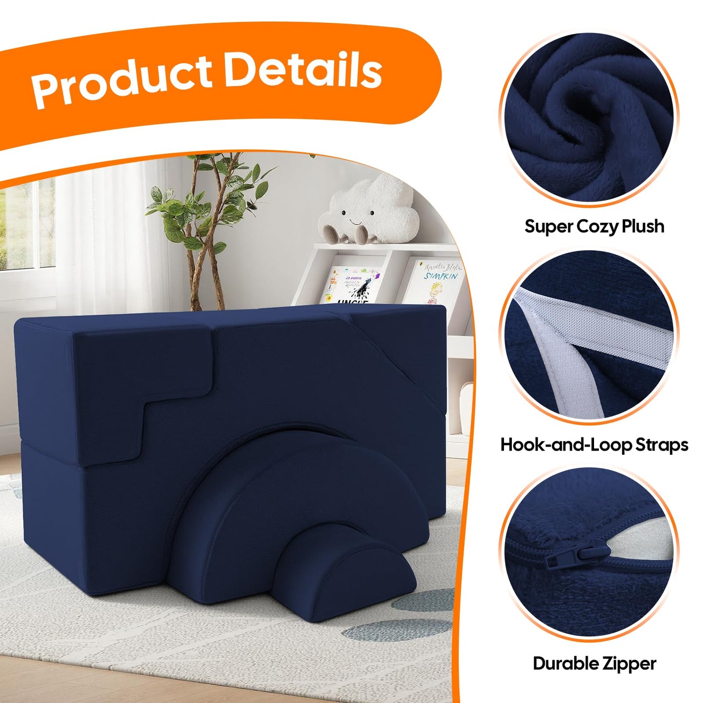 MeMoreCool Modular Kids Sofa, Foam Couch Sofa with Slide & Stair Design, Convertible Kids Couch for Playroom, Sectional Child Furniture for Bedroom Living Room, Navy