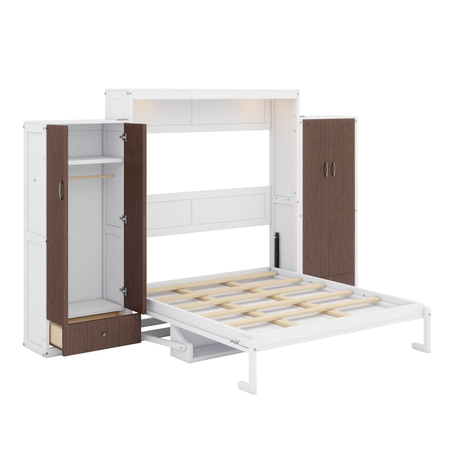 YunNianYang White Murphy Bed Wall Bed with Closet,Drawers and Table (Queen)