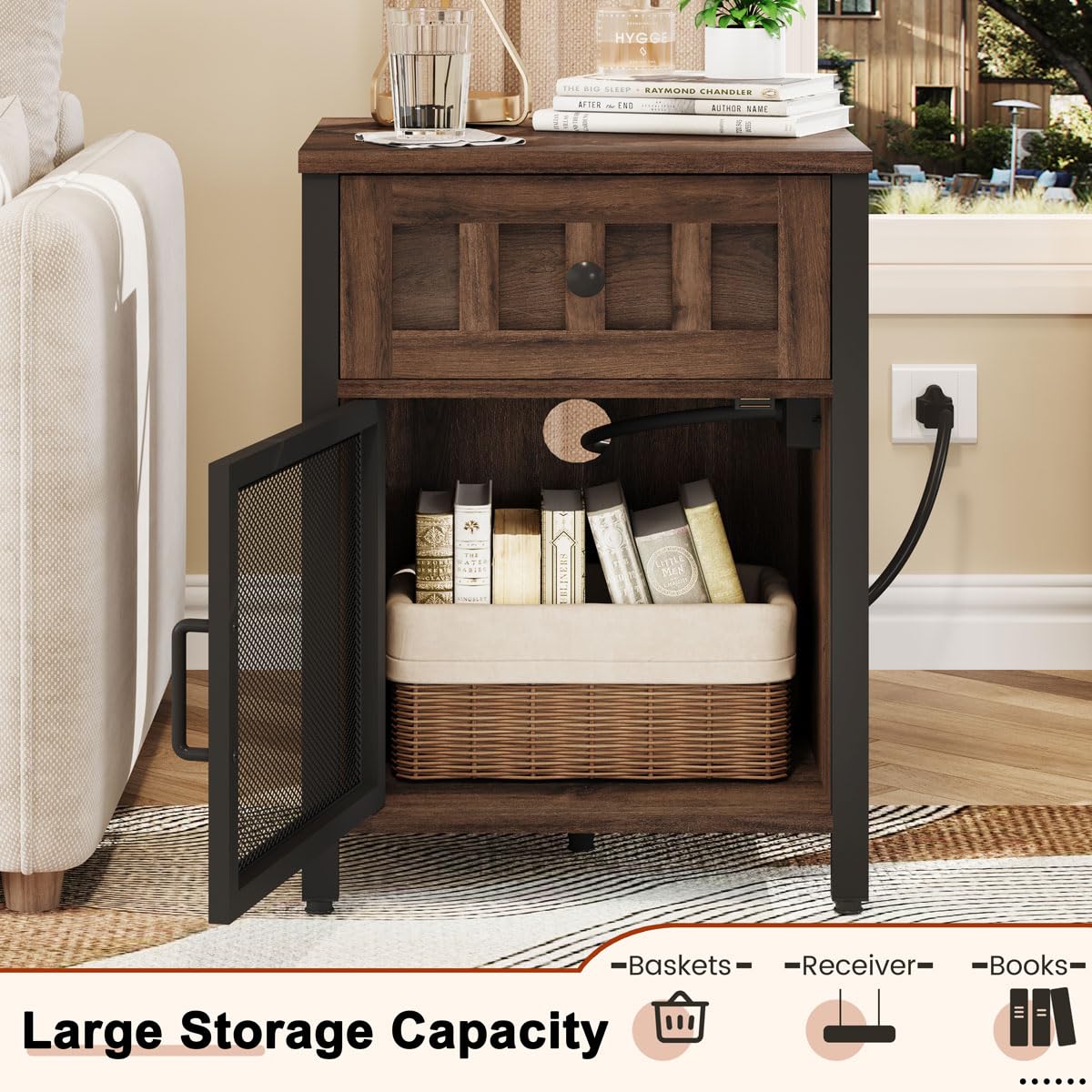 FATORRI End Table with Charging Station, Farmhouse Side Table with Drawer, Rustic Wood and Metal Nightstand and Bedside Tables for Living Room (Rustic Brown)