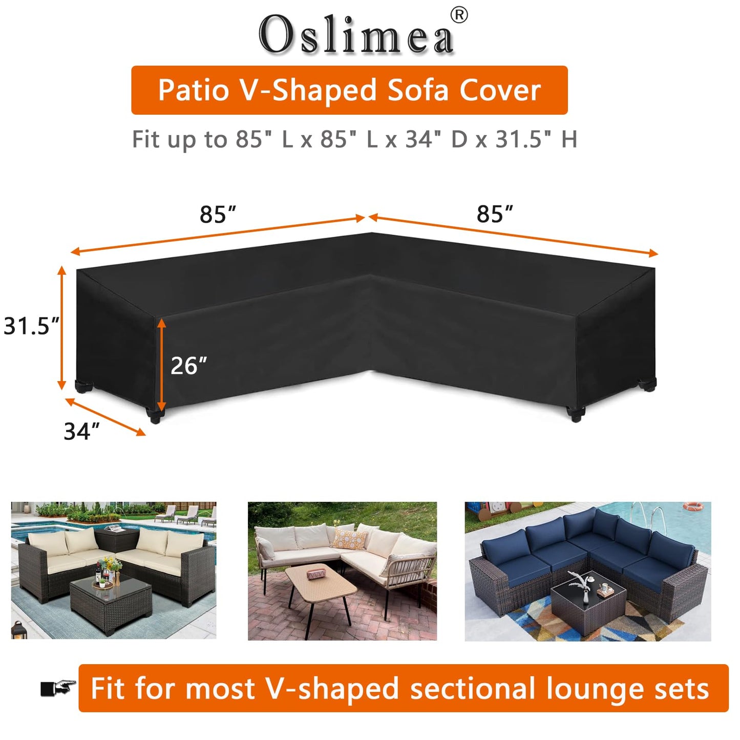 Oslimea Patio V-Shaped Sectional Sofa Cover 85" x 85" 600D Heavy-Duty Patio Furniture Cover Garden Couch Protector for Deck, Lawn and Backyard