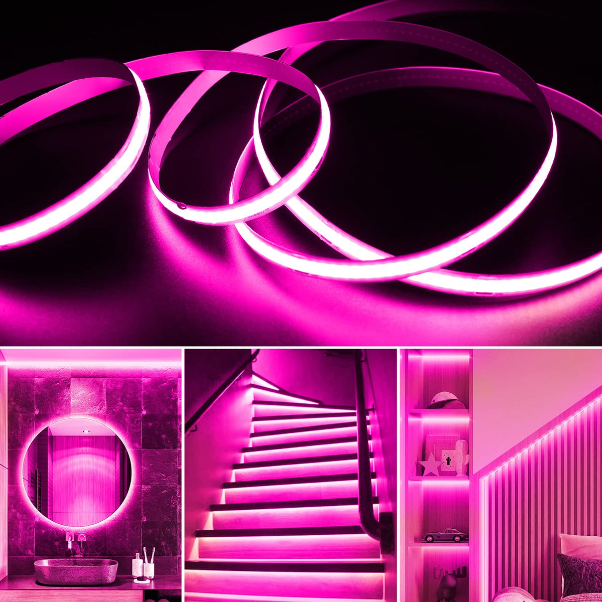 Smacen USB Powered COB Led Strip Lights, 6.56Ft Battery Operated Pink LED Strip Lights, High Brightness Flexible LED Tape Lights for Room, Cabinet, Bedroom, Kitchen, Party, Home DIY Indoor Deco