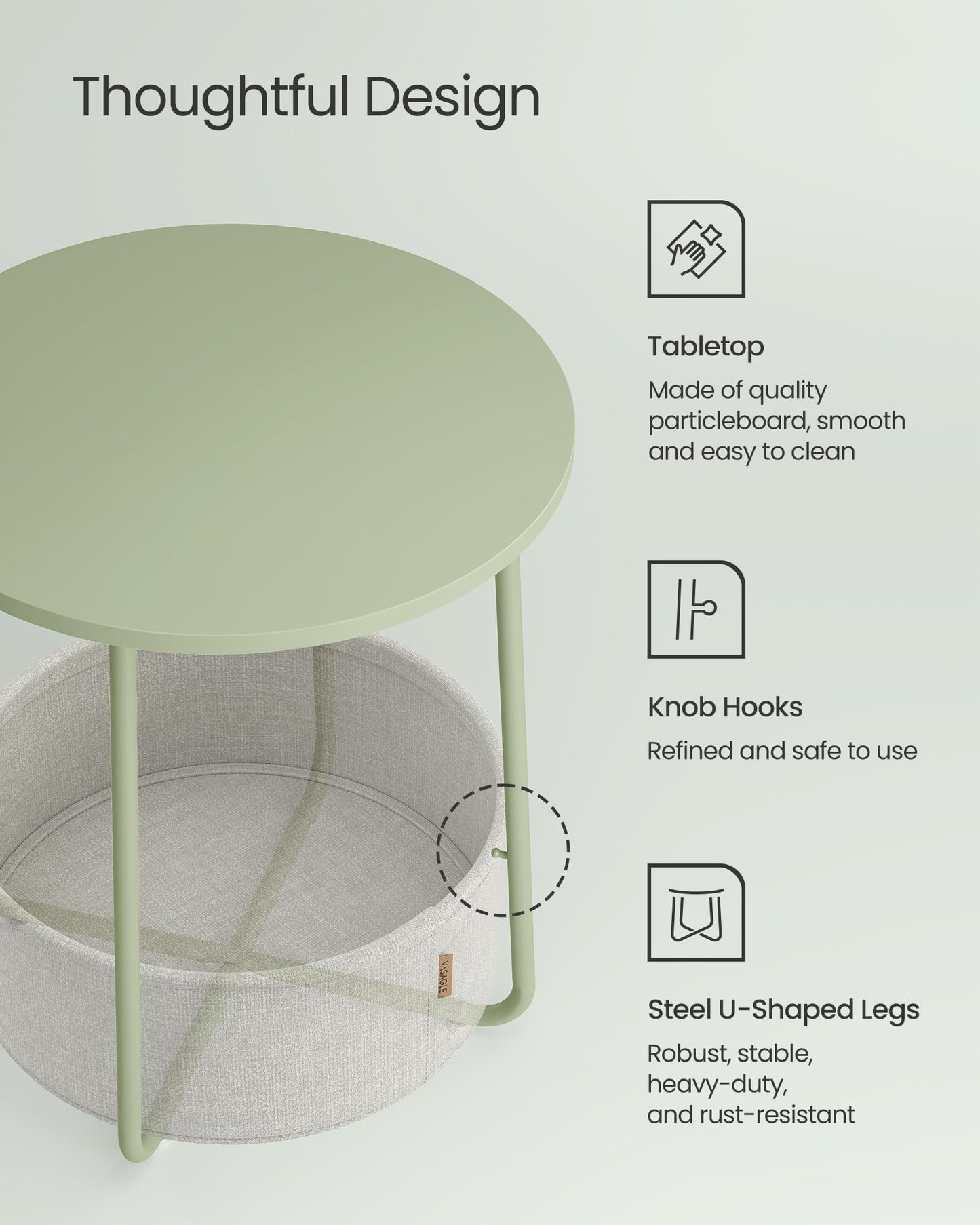 VASAGLE LILEA Collection - Small Round Side End Table, Modern Nightstand with Fabric Basket, Laurel Green and Cream White ULET223C69