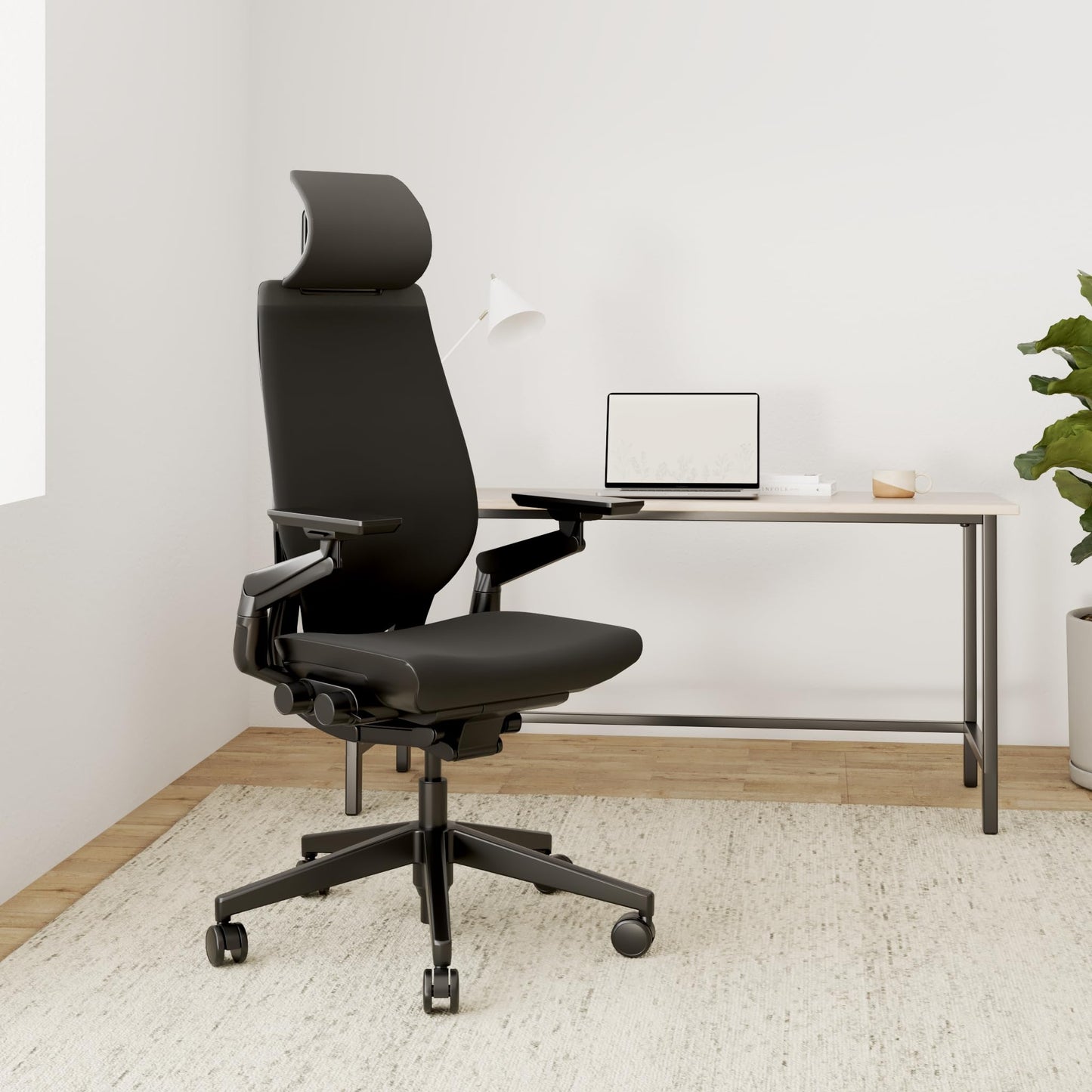 Steelcase Gesture Office Chair with Head Rest - Ergonomic Work Chair with Wheels for Carpet - Comfortable Office Chair - Intuitive-to-Adjust Chairs for Desk - 360-Degree Arms - Licorice Fabric