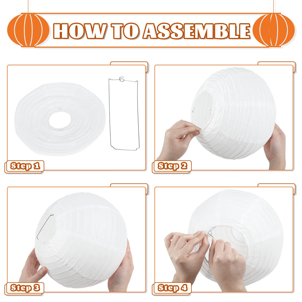 White Hanging Paper Lanterns, Round Chinese Paper Lanterns, Party Wedding Anniversary Decorations, 4 Size - 10 Pieces