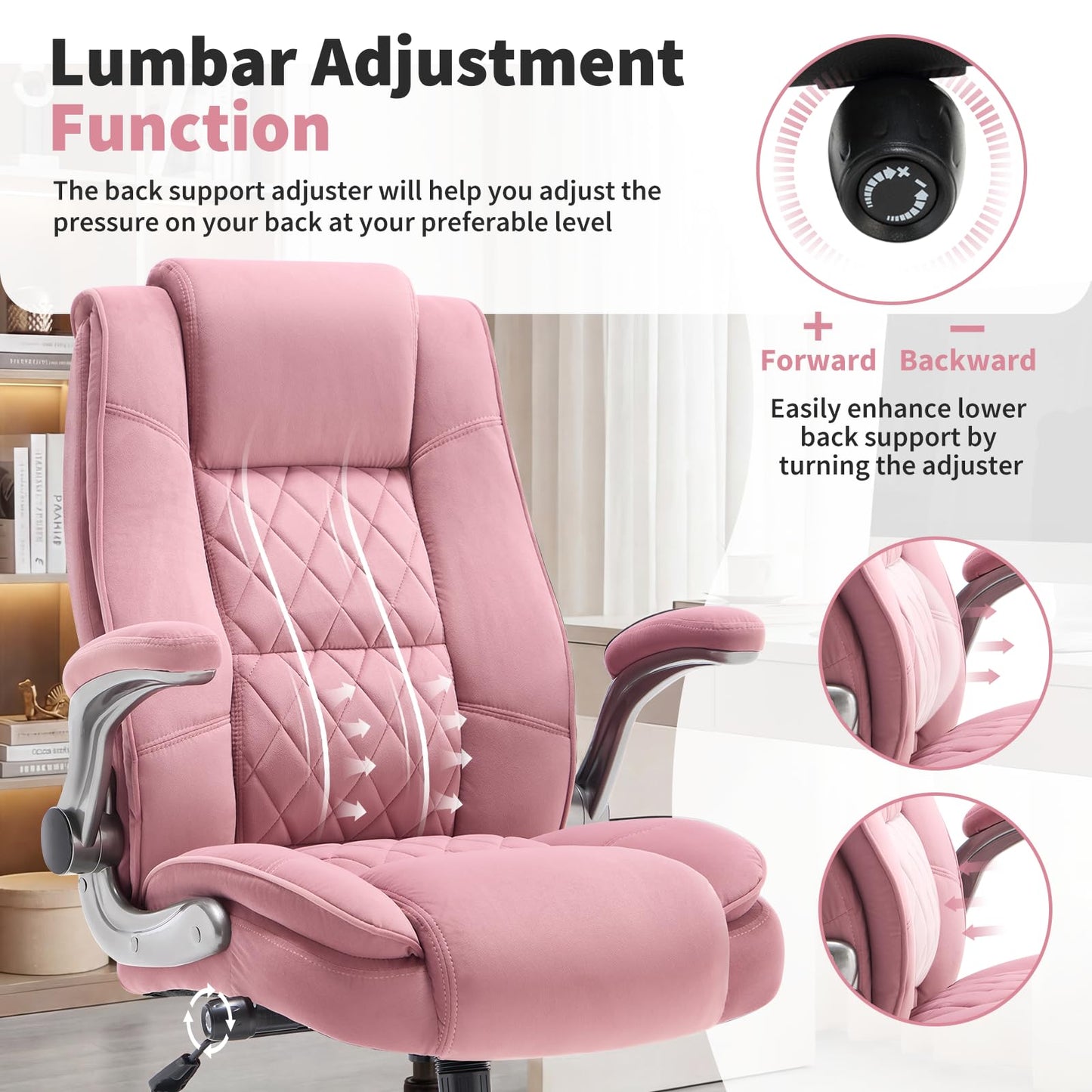 Fabric High Back Office Chair with Lockable Quiet Casters, Thick Padded Ergonomic Computer Chair- Adjustable Lumbar Support & Flip-Up Arms, Wide Executive Desk Chair for Back Pain, 400LBS Capacity