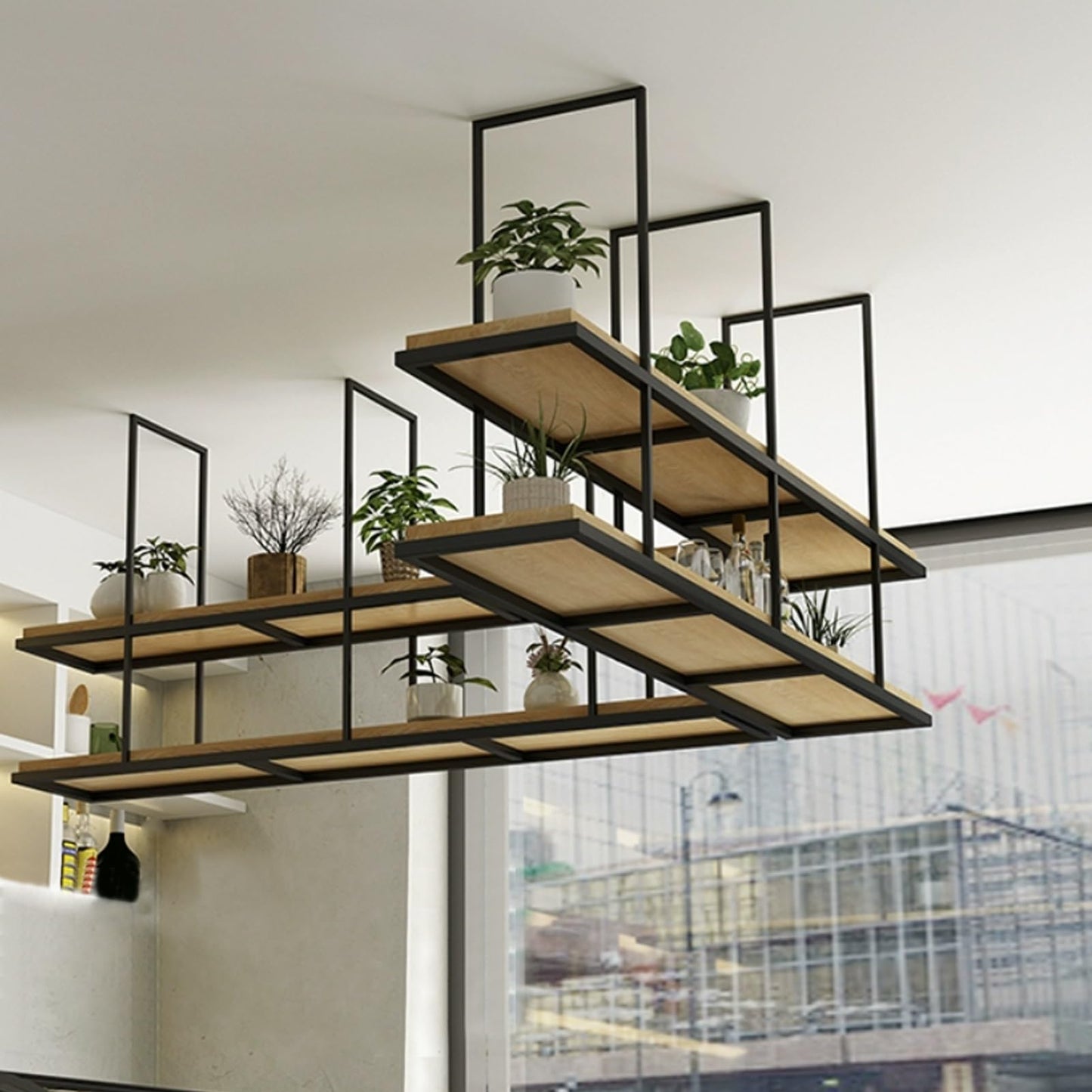 TELAIUS Ceiling Hanging Wine Rack, 2 Tiers Floating Shelves Wooden Decorations Display Rack Metal Plant Flower Pot Stand Wall Mounted Storage Shelving for Bar Cafe Kitchen(80x30x80cm)