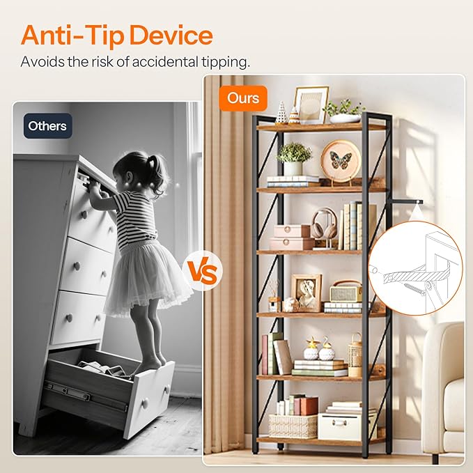 HOOBRO Bookshelf, 6-Tier Industrial Bookcase, Book Shelf Storage Organizer