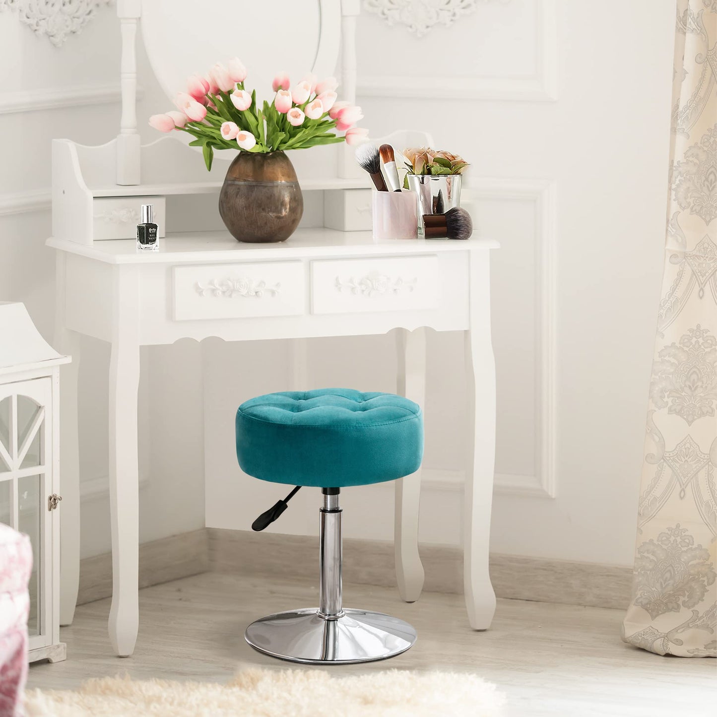 LUE BONA Adjustable Vanity Stool, 360 Swivel Chair for Makeup Room, Vanity Chairs, Teal Faux Leather Stool for Bathroom & Living Room