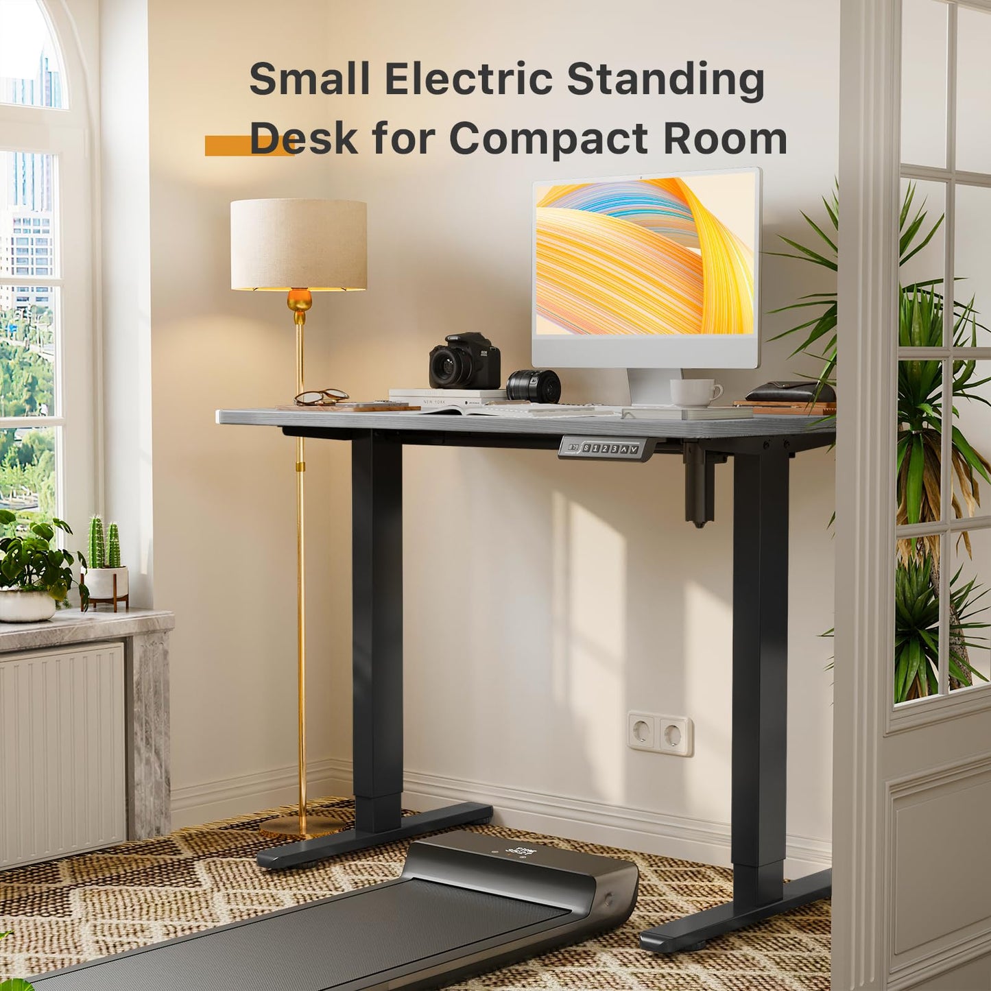JOY worker Small Electric Standing Desk, 35" x 20" Whole Piece Height Adjustable Desk with Memory Controller, Grey Sit to Stand Desk Workstation for Home Office