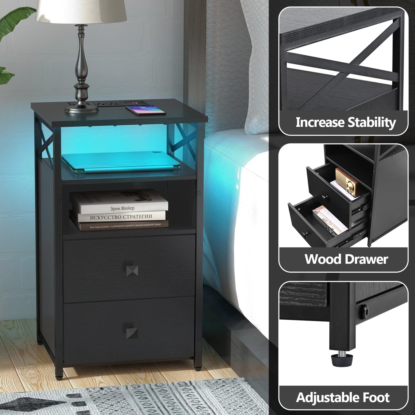 Livofloral LED Night Stand with Charging Station, Living Room Side Tables with Storage, Farmhouse End Table with Wood Drawers, Black End Table with Charging Station, Bed Side Table for Bedroom, Black